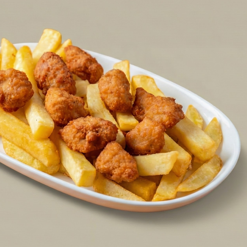 Bite-size chicken popcorn with fries
