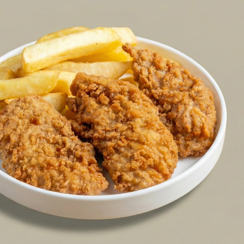 Breaded chicken strips and fries