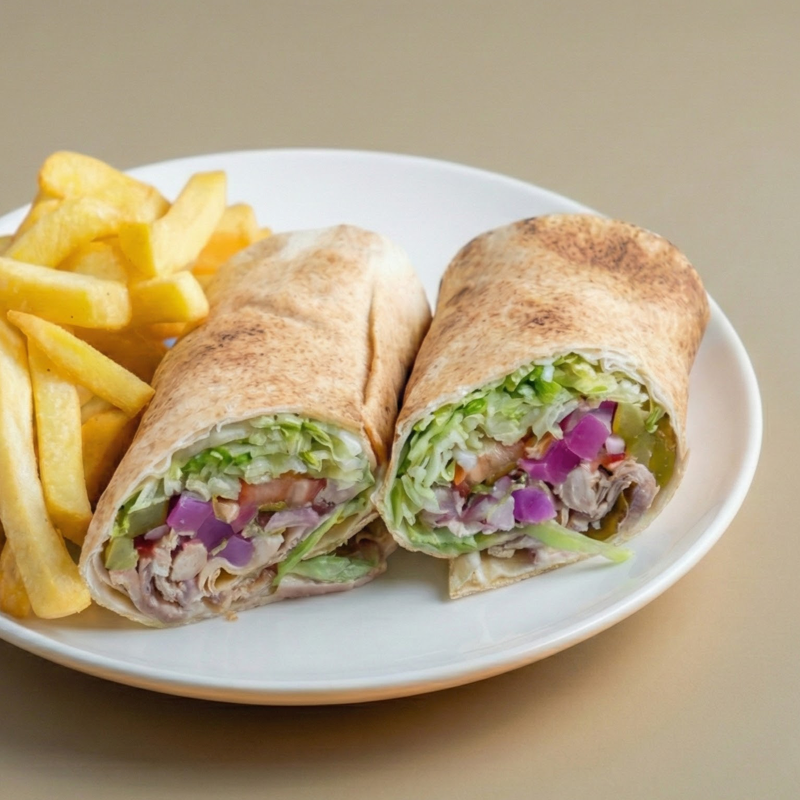 Chicken wrap halved to show shredded chicken, salad and sauce