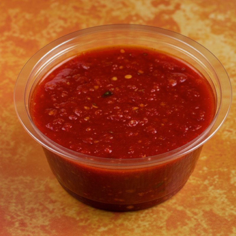 Large container of bright red chilli sauce