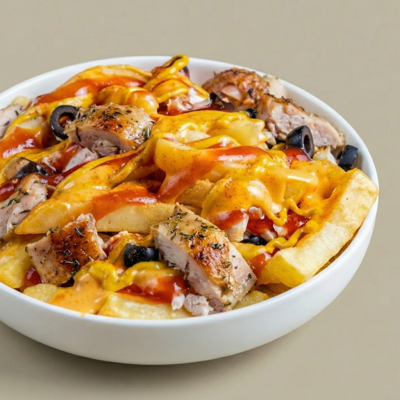 Loaded fries topped with shredded chicken, melted cheese and sauce