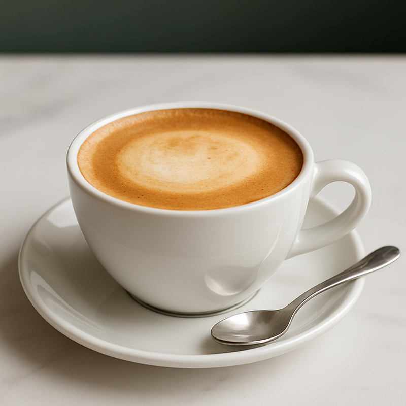Cappuccino in a white cup with thick foam on a saucer