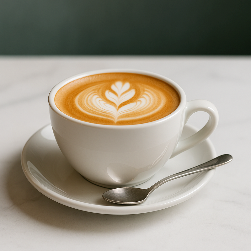 Latte in a white ceramic cup on a saucer